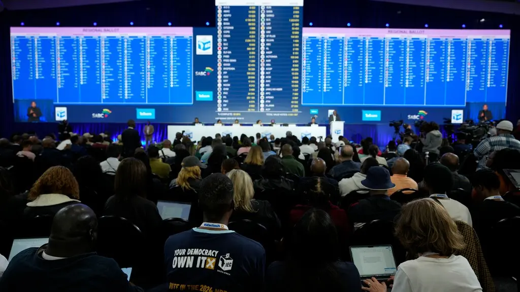 The latest election results are displayed at the Results Operation Centre (ROC) in Midrand, Johannesburg on Friday.