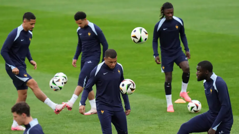 Kylian Mbappe and France players in training ahead of their Euro 2024 match vs Austria