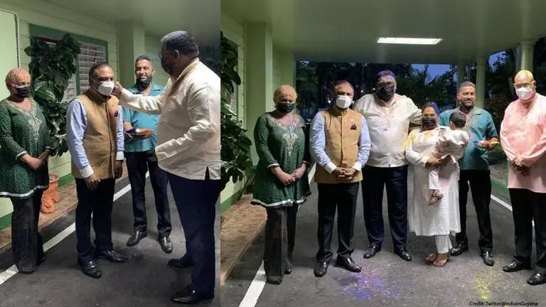 'Reinforcing traditions': Guyana Prez celebrates Holi with Indian envoy Dr KJ Srinivasa Twitter@IndiainGuyana
