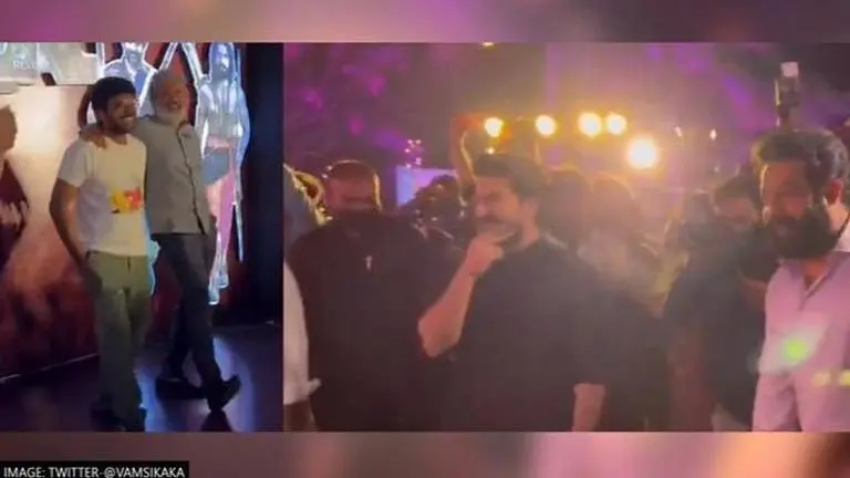 Rajamouli grooves on 'Naatu Naatu' at 'RRR' success bash; Ram Charan & Jr. NTR cheer him RRR