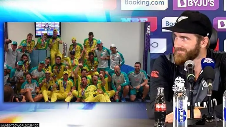 NZ skipper Kane Williamson keeps calm in PC with Australian team playing loud music; watch Kane Williamson, New Zealand, Australia, T20 World Cup, kane williamson press conference, australia team celebration, kane williamson keeps cool in pc