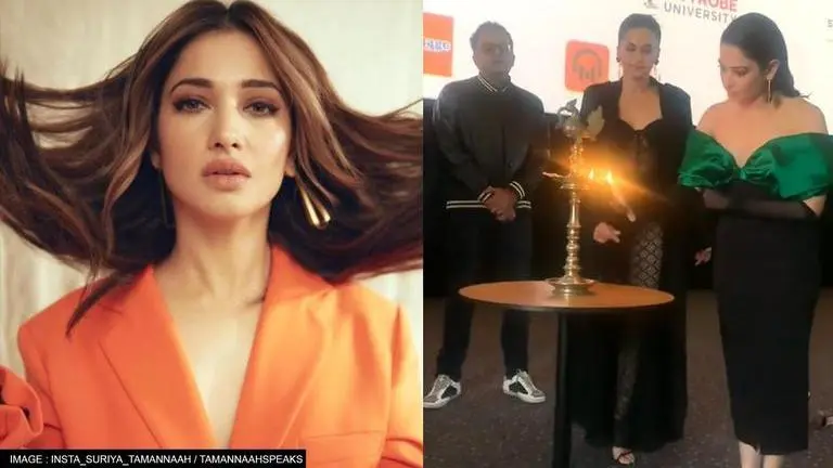 Tamannaah Bhatia removes her heels to light lamp at IFFM 2022; wins hearts Tamannaah Bhatia