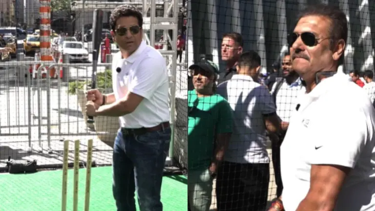 Sachin Tendulkar tries his hands on baseball, hits a near-perfect shot against pitcher Ravi Shastri Sachin Tendulkar, Ravi Shastri