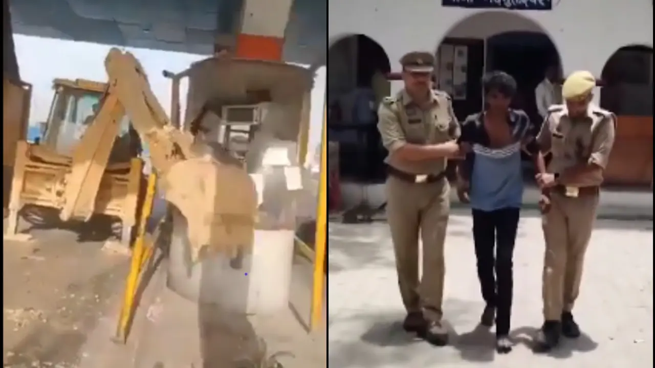 backhoe loader Driver on Rampage! Drunken Man Demolishes Toll Booths