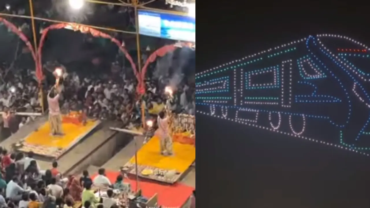 Drone Light Show at Dashashwamedh Ghat on Eve of Akashaya Tritiya | WATCH Drown Light Show at Dashashwamedh Ghat in Varanasi