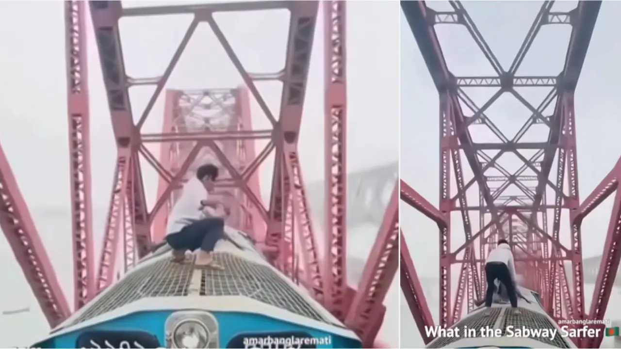 Young boy performs deadly stunt on rooftop of a moving train goes viral