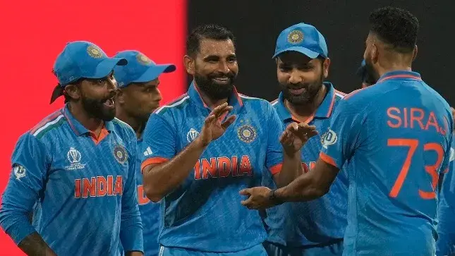 Team India pacer Mohammad Shami while celebrating a wicket in CWC 2023 match vs SL