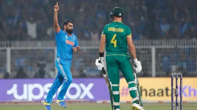 Indian pacer Mohammad Shami celebrate after dismissing South African batter Aiden Markram