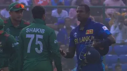 Angelo Mathews interacts with Shakib Al Hasan