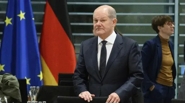 | German Chancellor Olaf Scholz attends the federal-state summit at the Chancellery in Berlin, Germany