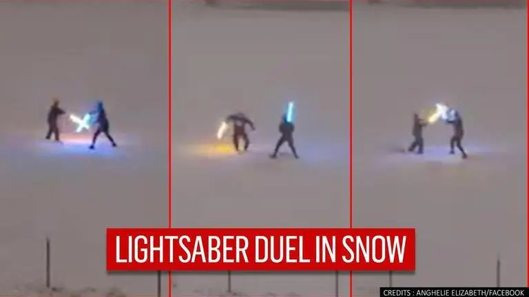 US: Colorado pair recreates iconic 'Star Wars' battle scene with lightsabers in snow In the snow, a Colorado pair recreates an iconic battle scene with lightsabers