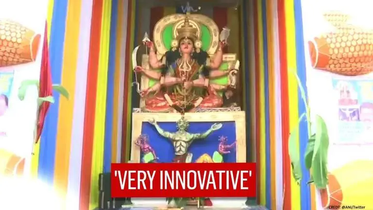 Hyderabad: 31-foot COVID-19 themed Durga idol installed at puja pandal with virus as demon Hyderabad