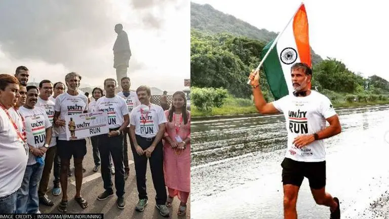 Milind Soman waves tricolour at Statue of Unity after 8-day run from Mumbai for cause milind soman, ankita konwar