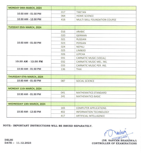 CBSE announces timetable for Class 10, Class 12 Board exams 2024 ...