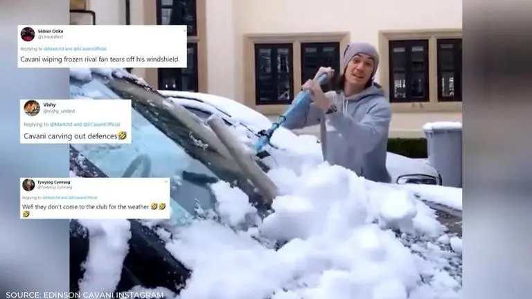 Edinson Cavani cleans snow off his car's windshield, Man United fans react edinson cavani