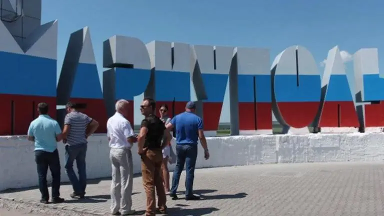 Russian flags seen at entrance to Mariupol amid war in Ukraine Russia