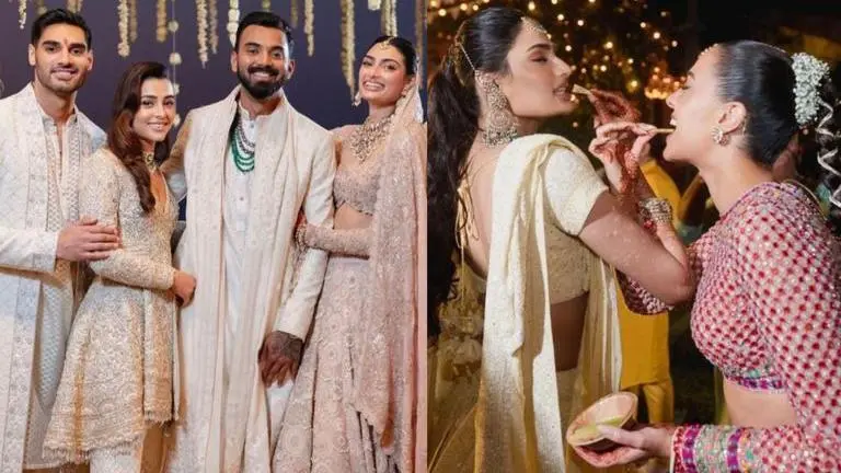 Athiya Shetty-KL Rahul pose with Ahan Shetty's girlfriend Tania Shroff in unseen photos Athiya Shetty-KL Rahul wedding