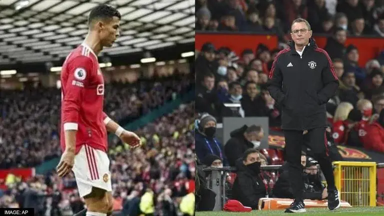 Manchester United's interim coach Ralf Rangnick and Cristiano Ronaldo