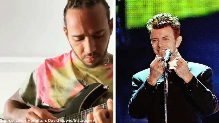 Hamilton pays musical tribute to David Bowie on guitar he was gifted before Portuguese GP Lewis Hamilton and David Bowie