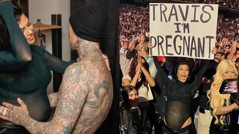 Kourtney Kardashian shows baby bump after announcing pregnancy at Travis Barker concert Kourtney Kardashian
