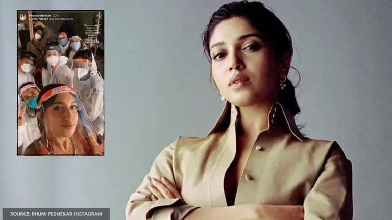 Bhumi Pednekar poses with her entourage on 'TVC' sets as she resumes work Bhumi Pednekar