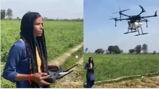 Drone Didi Sunita flying drone in her field