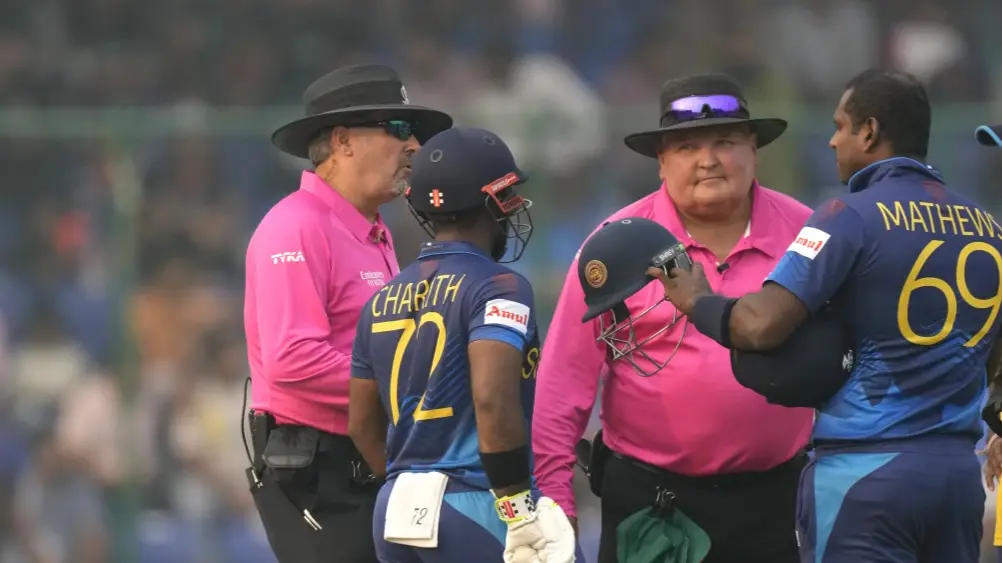 Angelo Matthews with umpires