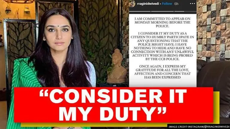Ragini Dwivedi issues statement on Kannada industry drugs case summons, 1 man arrested Ragini Dwivedi issues statement on Kannada industry drugs case summons, 1 man arrested