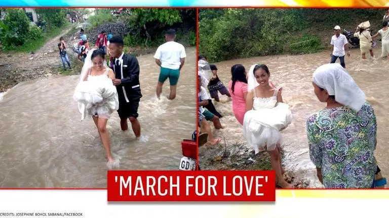 'God is with them': Couple braves storm and flooded river to reach wedding venue; see pics Couple brave raging storm, flooded river to reach wedding venue I See pics