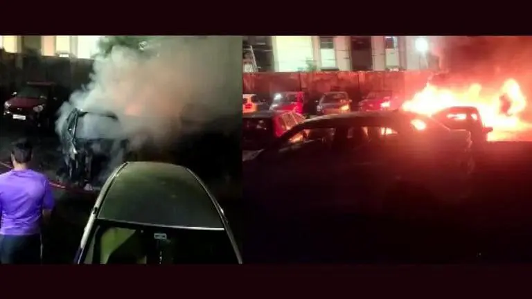 Three cars charred after electric vehicle catches fire at Hyderabad exhibition parking lot Hyderabad