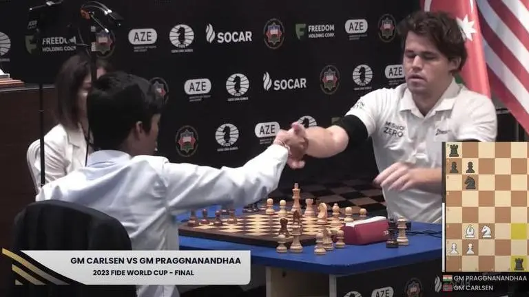 Praggnanandhaa vs Magnus Carlsen, Chess World Cup Final Highlights: Carlsen is the Champ rameshbabu-praggnanandhaa-vs-magnus-carlsen-chess-world-cup-2023-final-tie-break-score