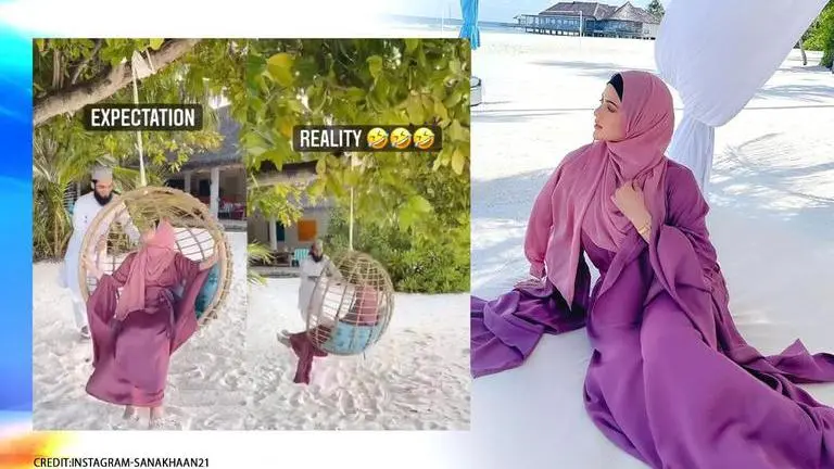 Sana Khan shares epic 'expectation vs reality' post, screams when husband pushes her swing Sana Khan