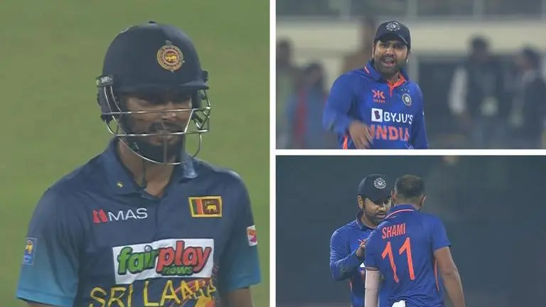 Watch: Shami removes bails at his end to runout Shanaka on 98 but Rohit withdraws appeal Rohit Sharma