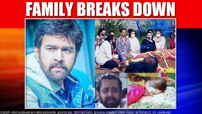 Chiranjeevi Sarja's Funeral: Wife Meghana, Arjun, Dhruva bid emotional adieu Chiranjeevi Sarja's funeral: Wife Meghana, brothers Arjun, Dhruva big emotional adieu