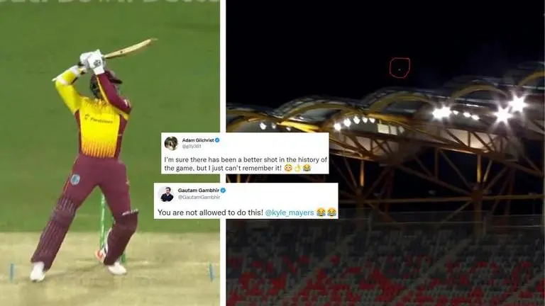 Kyle Mayers' gigantic 105-metre cover drive vs Australia leaves cricket world mesmerized Kyle Mayers, Australia, Australia vs West Indies, AUS vs WI, AUS vs WI 1st T20I, Kyle Mayers six, Kyle Mayers cover drive, T20 World Cup