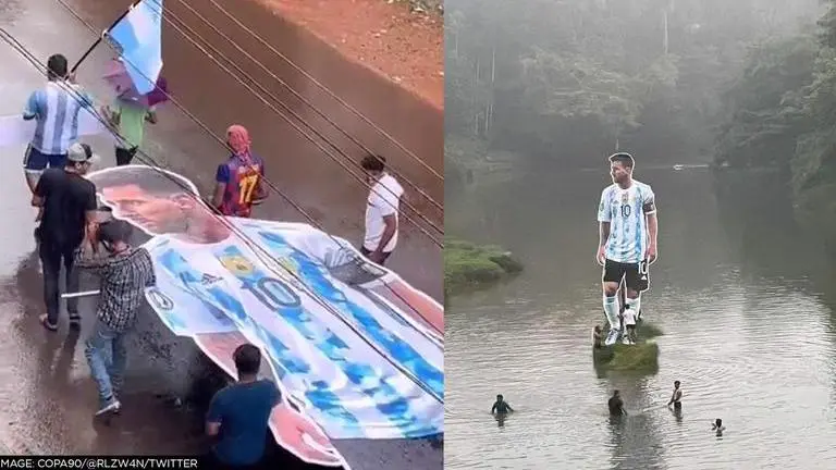 Towering Messi cutout stands tall on Cherupuzha river as FIFA WC fever grips Kerala; WATCH Lionel Messi