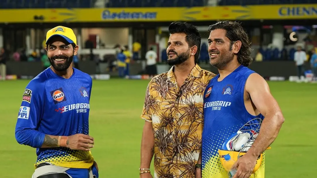 MS Dhoni, Ravindra Jadeja, and Sureah Raina