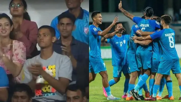 Yashasvi Jaiswal cheers for Indian team during SAFF Championship match vs Kuwait, see pic Yashasvi Jaiswal, India vs Kuwait, SAFF Games
