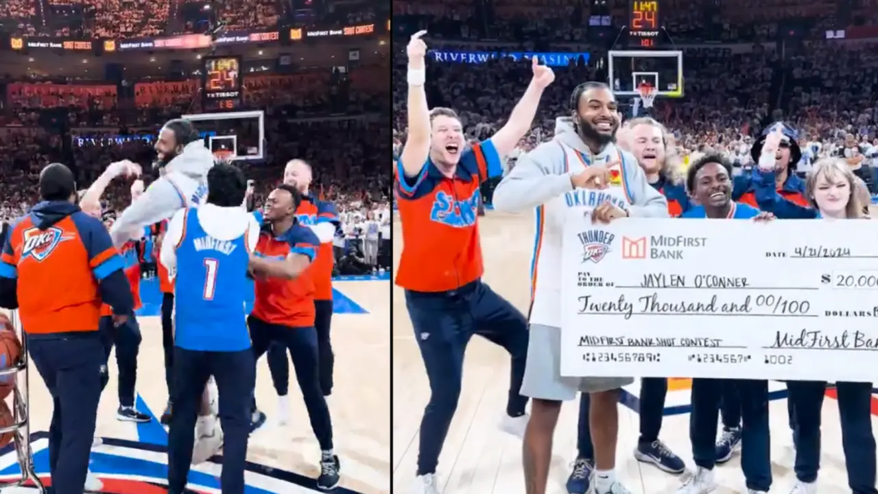NBA Fan makes halfcourt shot, wins $20K in OKC Thunder playoff game vs New Orleans Pelicans | WATCH OKC Thunder fan wins $20,000 after making half court shot