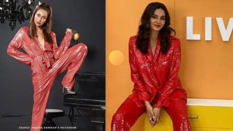 Anusha Dandekar & Shibani Dandekar sport similar shimmery red formals Anusha Dandekar