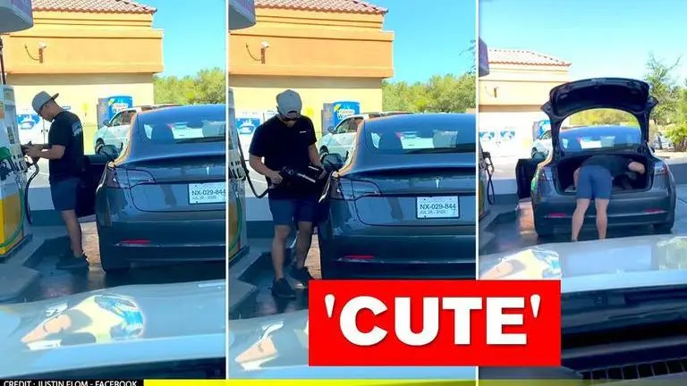 Hilarious! Tesla driver tries to fill up his electric car at gas station; Watch tesla