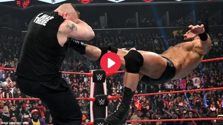Watch Drew McIntyre take Brock Lesnar down with three Claymore Kicks on WWE RAW Drew McIntyre