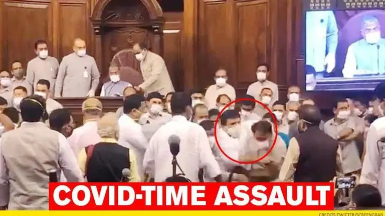 Shocking Rajya Sabha video of Sanjay Singh grabbing marshal by throat in crowded house out Sanjay Azad Singh