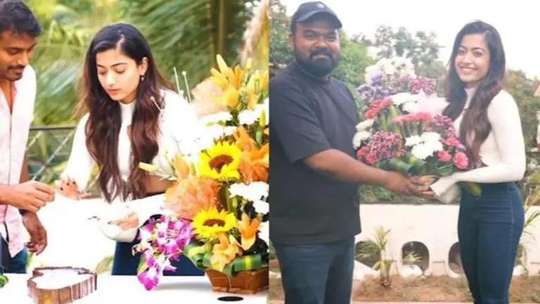 Rashmika Mandanna cuts cake, poses with bouquet with team VNRTrio on birthday Rashmika Mandanna