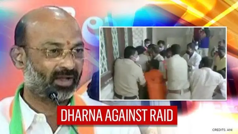 Telangana BJP President stages dharna against Siddipet raid incident in Karimnagar Telangana