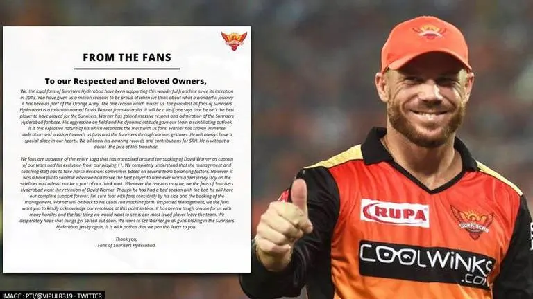 IPL 2021: Sunrisers Hyderabad fans pen open letter to management on Warner's ouster David Warner, IPL, Sunrisers Hyderabad, SRH, Warner, What happened betweem Warner and SRH, IPL 2021, IPL final