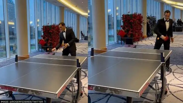 Laver Cup: Roger Federer warms up for final tour match by playing table tennis in tuxedo Roger Federer,Table Tennis, Laver Cup