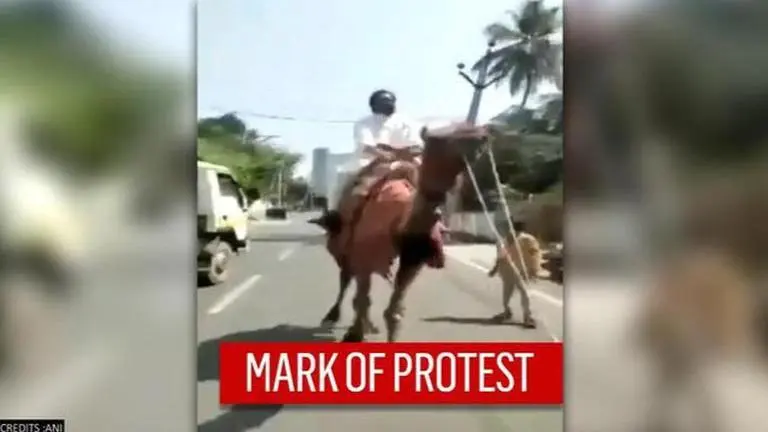 WATCH: Andhra Pradesh Congress leader rides a camel in protest against rising fuel prices Congress