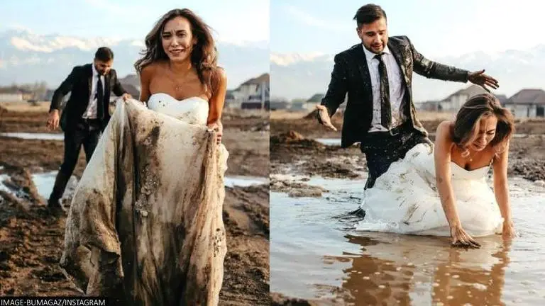 In Kazakhstan, couple fall into puddle of mud during photoshoot; netizens call it 'unique' Kazakhstan