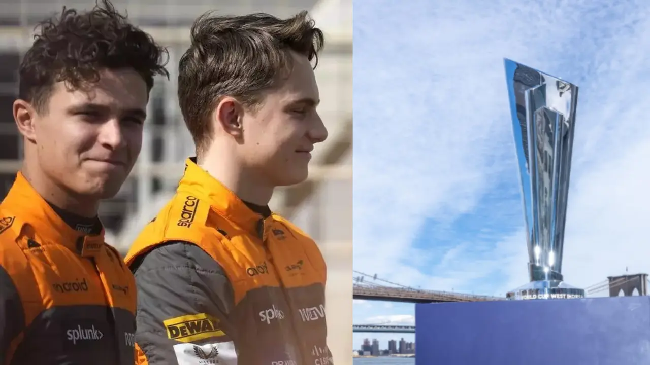 World Cup fever grips F1: McLaren stars Lando Norris and Oscar Piastri pose with T20 WC trophy McLaren drivers with World Cup trophy
